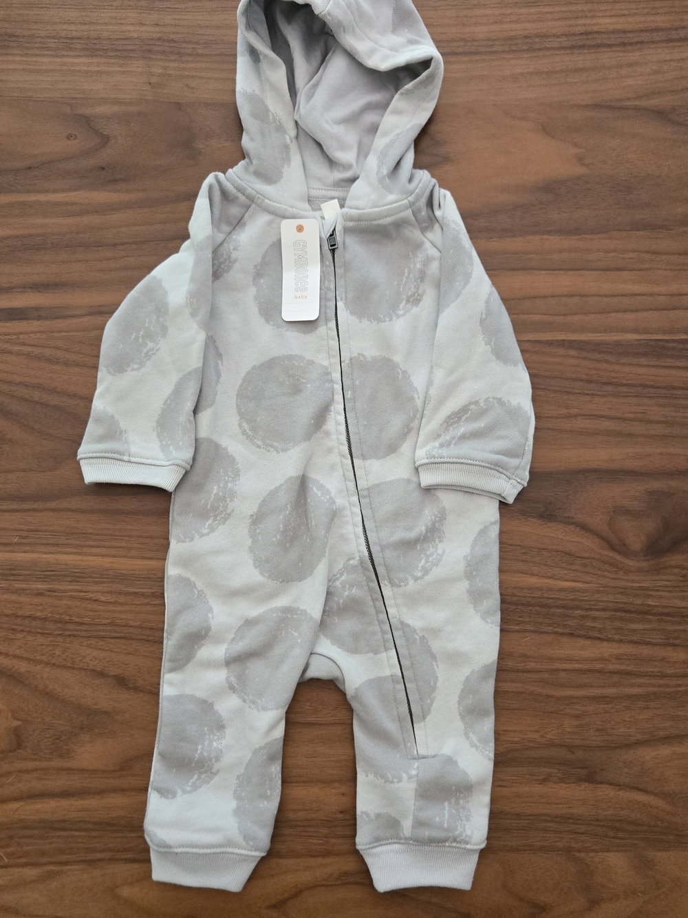 Baby Hooded One-Piece Romper in Light Gray Dot Print